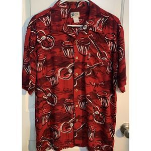 Cherokee Waikiki Wear Mens Red Hawaiian Shirt M 100% Rayon Guitar Bongo Print
